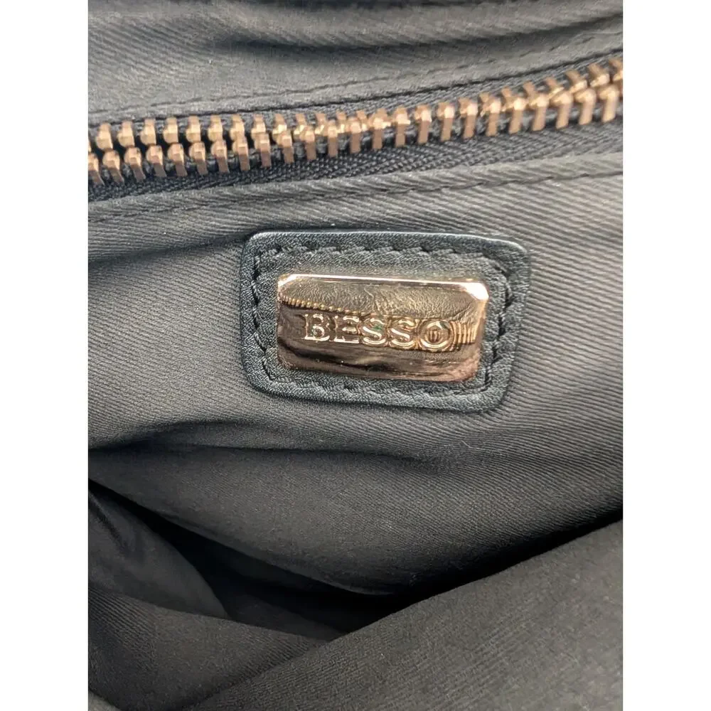 Besso Black Leather Clutch Gold Studded Buckle Fold Over Bag 10.5x6 Grunge...